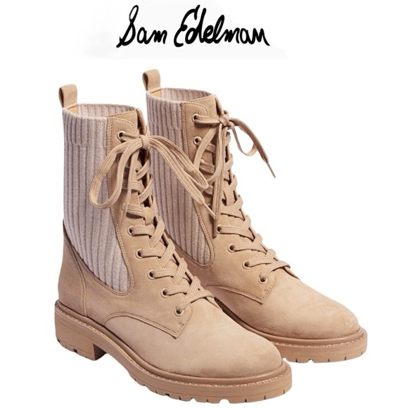 Sam Edelman Tan Suede Leather Knit Lydell Combat Boot BohoGrunge Fall Winter 90s - Picture 1 of 12
